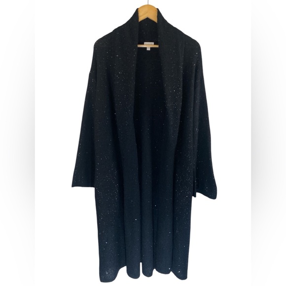 Garnet Hill Black Open Front Sequin Knit Cardigan Sweater L Alpaca Wool Blend - Picture 1 of 8